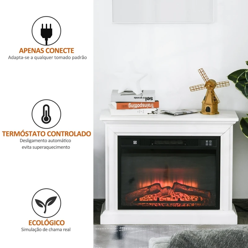 HOMCOM Lareira de parede elétrica Potência 1800W Efeito de chama de LED com controle remoto Temporizador e termostato 79x27x62,4 cm branco