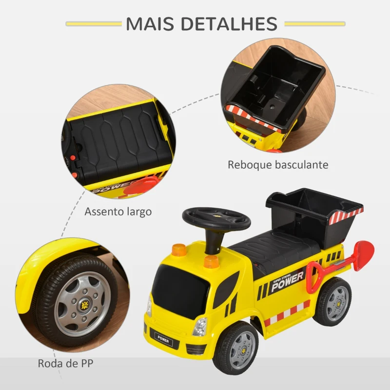 HOMCOM Carro Andador para Bebés acima de 18 meses Tipo Caminhão com Música Faróis Caixa Dobrável e Pá Veículo sem Pedais de Brinquedo 72x28,2x42cm Amarelo