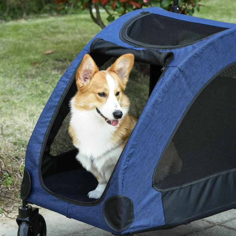 PawHut Carrinho para Animais de Estimação para Cães Gatos 4 Janelas Transpiráveis Boa Ventilação Porta Grande Almofada Removível 98x82x110cm Azul