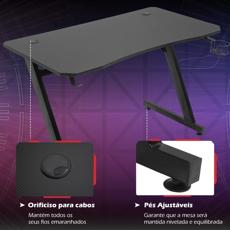 HOMCOM Secretária tipo gaming mesa de escritório com suporte para copos gancho e pés ajustáveis 120x65x74,5 cm preto