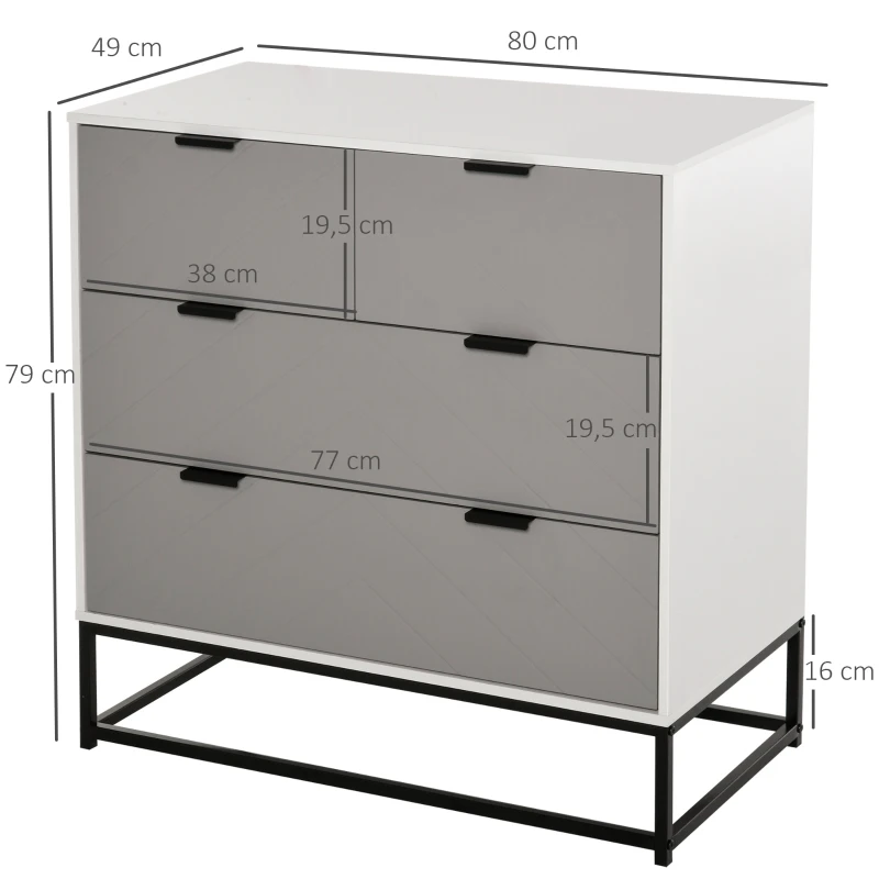 HOMCOM Cómoda com 4 Gavetas Base Elevada e Desenho Antiderrapante 80x40x79 cm Branco Cinzento e Preto