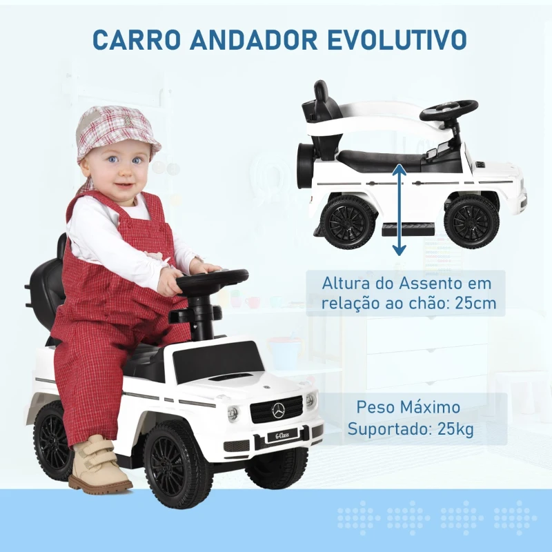 HOMCOM Carro de Passeio Carro Andador para Crianças acima de 12 Meses Mercedes G350 com Buzina Capô Removível Encosto e Suporte de Proteção 85,5x40,5x95cm Branco