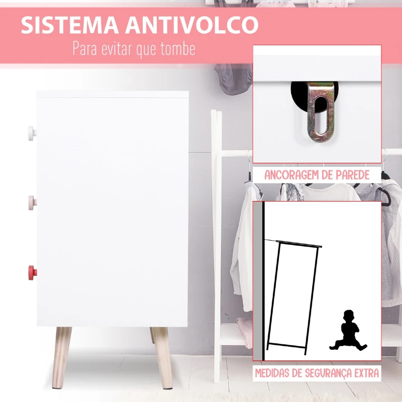 HOMCOM Cómoda infantil com 3 gavetas Cómoda com pernas para roupas ou brinquedos cor Rosa