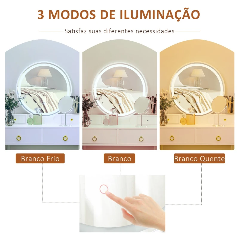 HOMCOM Toucador com Espelho com Luz LED e Banco Conjunto de Mesa de Maquilhagem com 4 Gavetas de Armazenamento para Dormitório 80x40x133cm Branco
