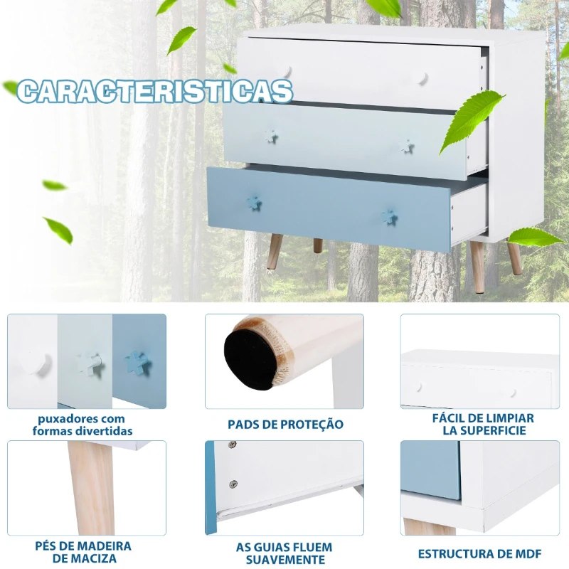 HOMCOM Cómoda infantil com 3 gavetas Cómoda com pernas para roupas ou brinquedos cor Azul