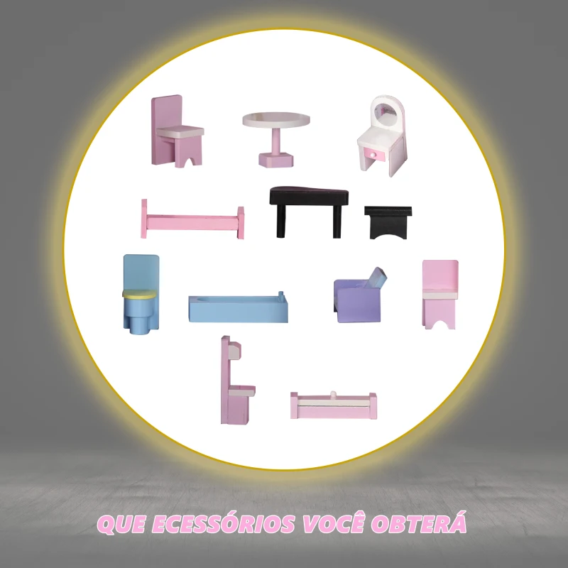 HOMCOM  2 em 1 binquedo de cozinha Casa de bonecas 3 andares com 12 acessórios incluidos para crianças acima de 3 anos  60x 48x 106 cm rosa