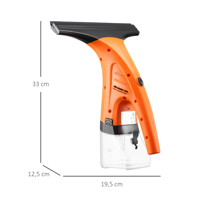 HOMCOM Limpa Vidros Elétrico 2 em 1 Aspirador Limpador de Vidros com Depósito de Água 300ml e Ponta de Borracha Inclui Pulverizador 19,5x12,5x33cm Laranja