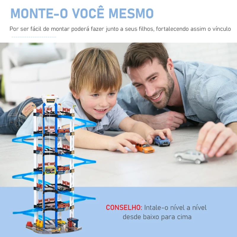 HOMCOM Estacionamento Infantil de 7 Andares Garagem de Brinquedo Inclui Elevador Elétrico com Luz e Sons Dupla Pista e 4 Carros de Corrida para acima de 3 Anos 64x59x113cm Azul e Branco