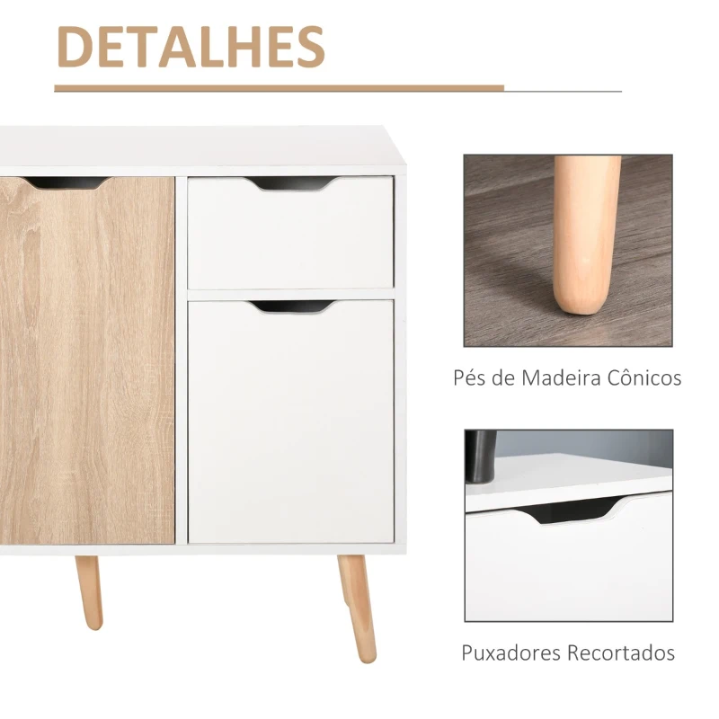 HOMCOM Aparador Móvel Auxiliar de Armazenamento com 2 Armários de Porta Gaveta Pés de Madeira para Sala de Estar Cozinha Dormitório 90x30x72cm Natural e Branco