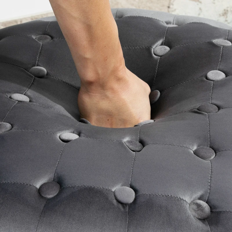 HOMCOM Tamborete estofado em veludo com botões Apoio para os pés acolchoado macio de desenho vintage Φ60x33 cm cinza escuro