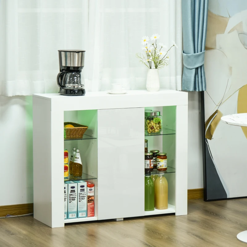 HOMCOM Aparador Moderno com Luzes LED Móvel Buffet com 1 Porta com Fechamento a Pressão e Prateleiras Ajustáveis Controle Remoto 97x35x83cm Branco