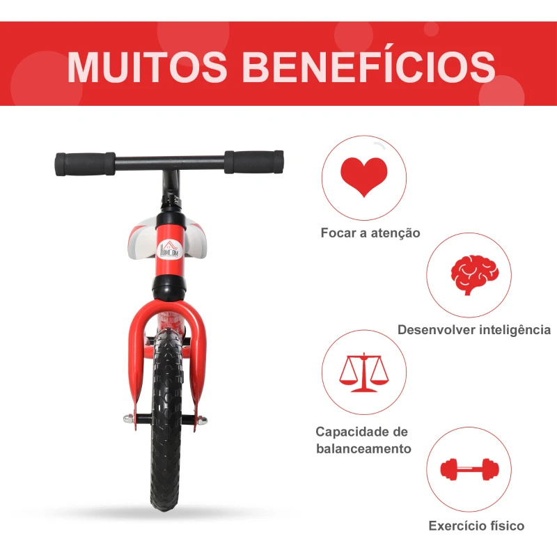 HOMCOM Bicicleta sem pedal para criança acima de 2 anos com selim ajustável em altura  Pneus  EVA máx. 25 kg Metal 65x33x46 cm Vermelho