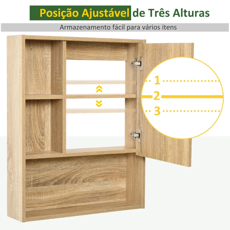 kleankin Armário para banheiro de madeira montado na parede com espelho, porta de vidro e prateleira aberta ajustável  60x 15x 76cm em grão de carvalho
