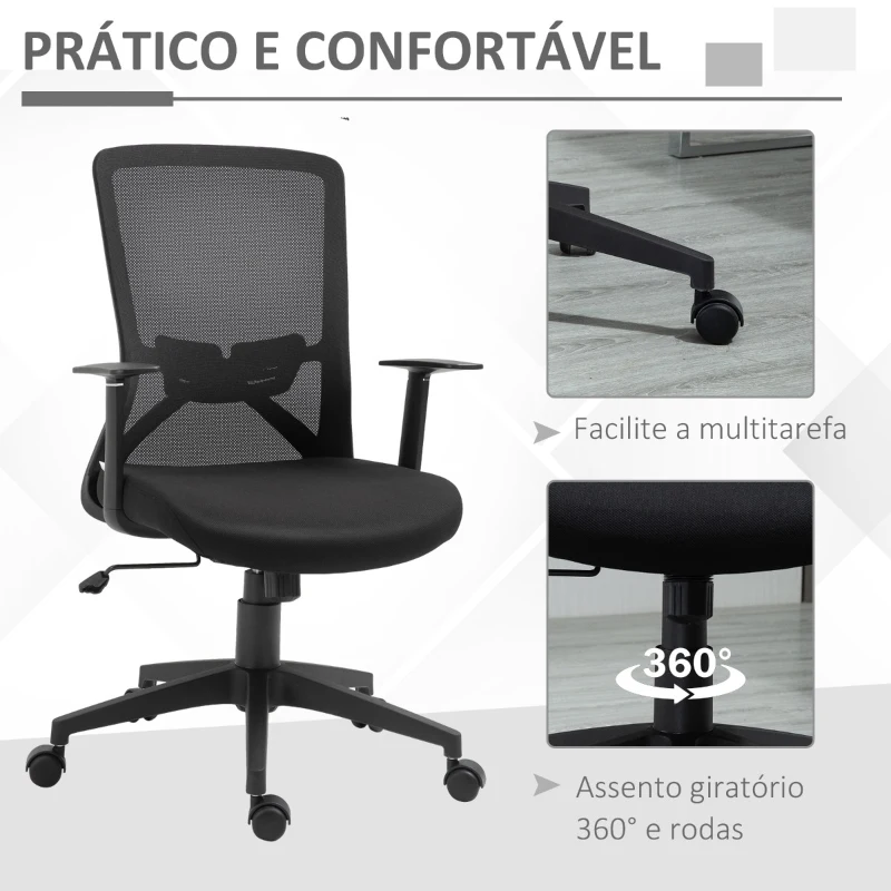 Vinsetto Cadeira de Escritório Giratória Cadeira de Escritório com Altura Ajustável Apoio para os Braços Suporte Lombar Encosto Transpirável e Função Basculante 62x61x99-109cm Preto