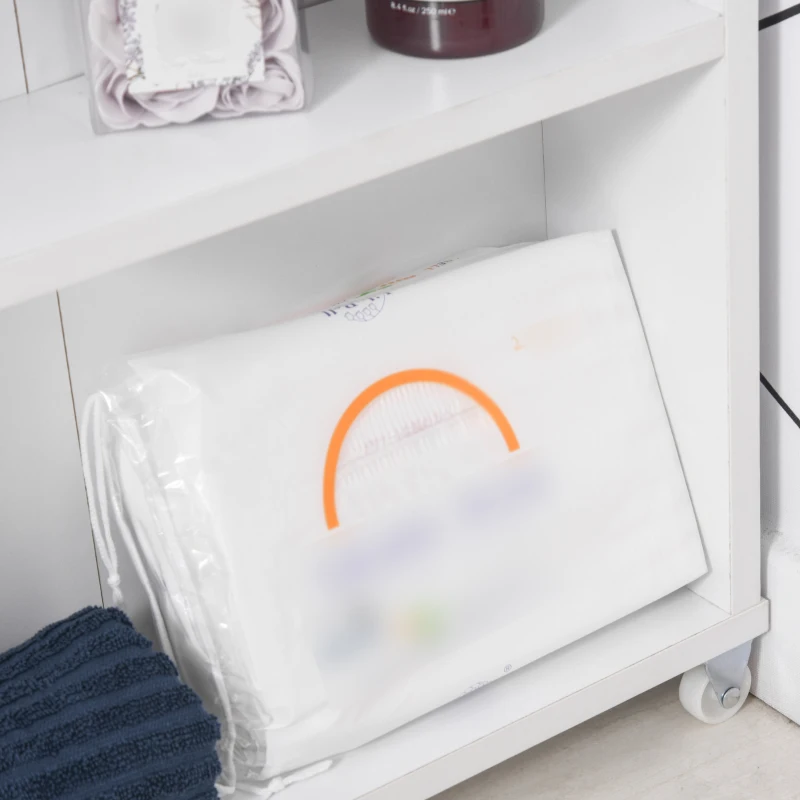 Kleankin Armário de casa de banho auxiliar Carrinho de armazenamento de 3 prateleiras com rodas e alça lateral 50x13x67,5 cm Branco