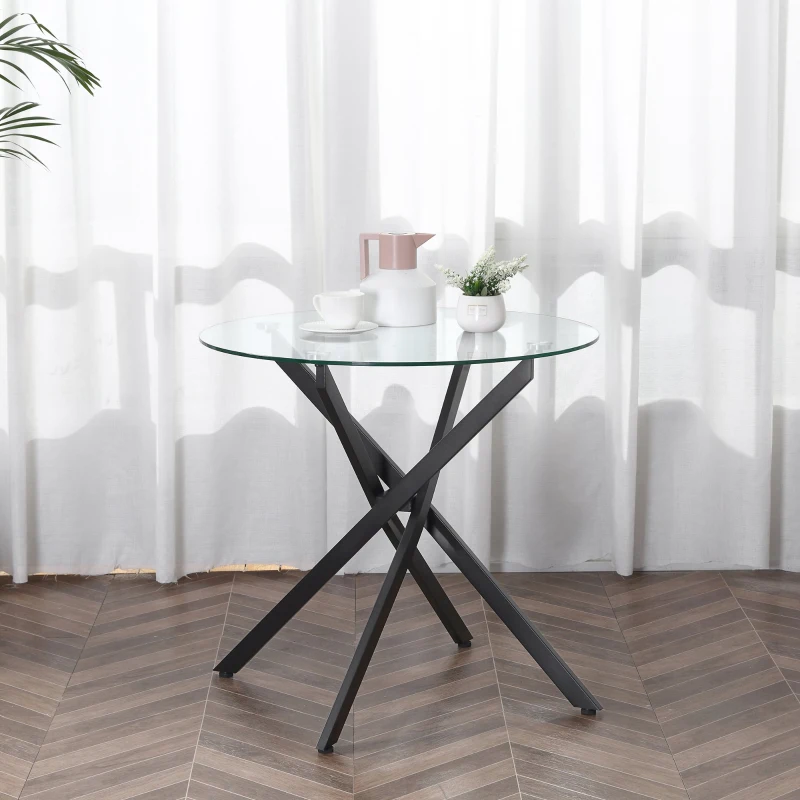 HOMCOM Mesa de Sala de Jantar Redonda com Bancada de Cristal Temperado Transparente e Pés Cruzados de Metal Mesa de Centro Moderna Ø80x75cm Preto