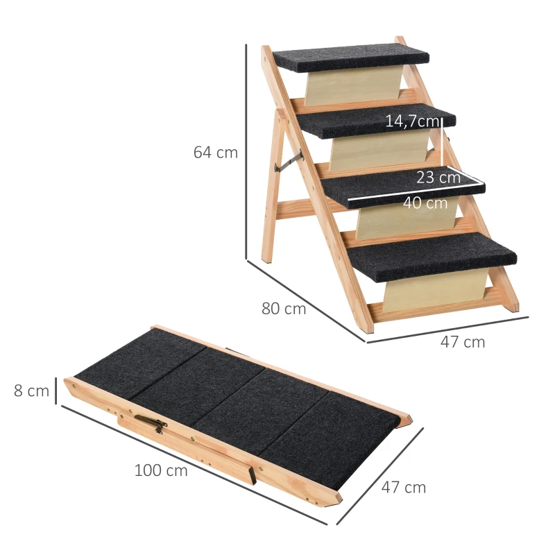 PawHut Escada de Madeira para Cães Dobrável 2 em 1 Rampa para Animais de Estimação Portátil com 4 Degraus para Acesso ao Sofá e Cama Alta 80x47x64cm Madeira Natural e Preto