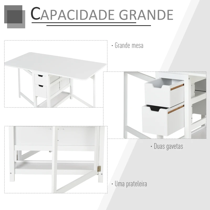 HOMCOM Mesa de jantar extensível com 2 gavetas 1 prateleira Carga 50 kg 150x80x74 cm Branco