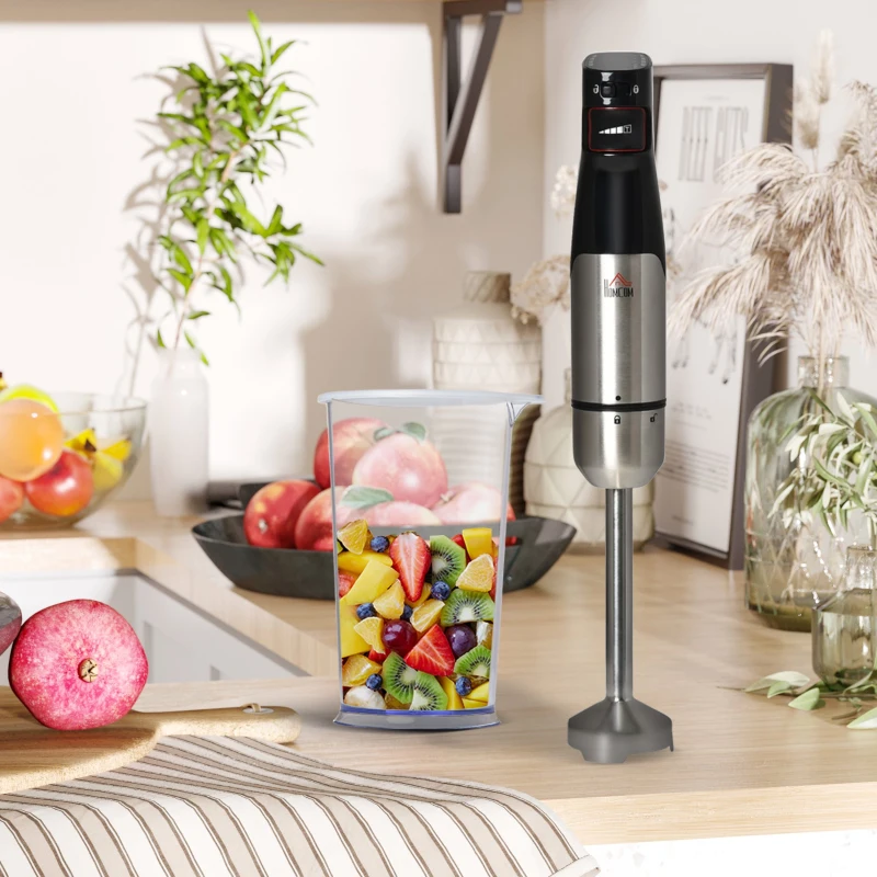 HOMCOM Varinha Mágica 1000W 4 em 1 com Velocidades Ajustáveis 2 Lâminas de Aço Inoxidável Picador 500ml Copo Medidor 800ml e Batedeira 10x6,5x41cm Preto