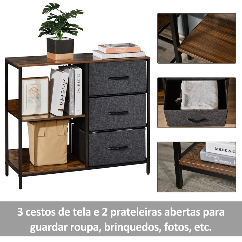 HOMCOM Cómoda de Estilo Industrial com Cestos de Tela Dobráveis e 2 Prateleiras para Dormitório Sala de Estar Corredor 80x29x71cm Marrom Rústico e Cinza Escuro