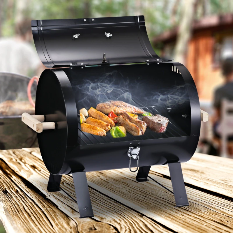 Outsunny Barbecue a Carvão de Mesa Compacta com Termômetro e Alças para Jardim Exterior Campismo 50x35x39 cm Preto