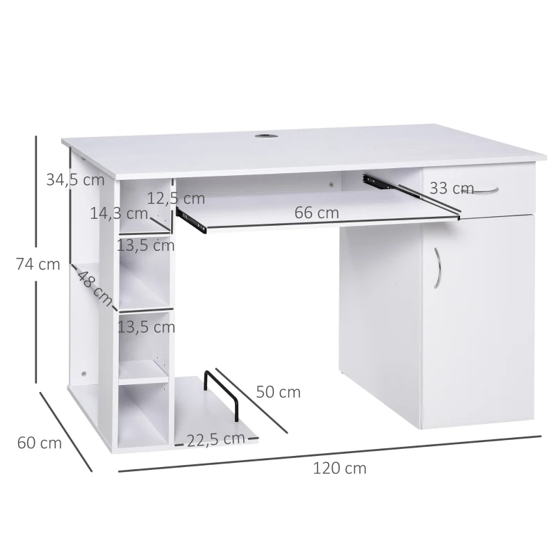 HOMCOM Secretária para Escritório com Prateleiras Abertas Gabinete Suporte para Cpu e Bandeja Removível 120x60x74 cm Branco