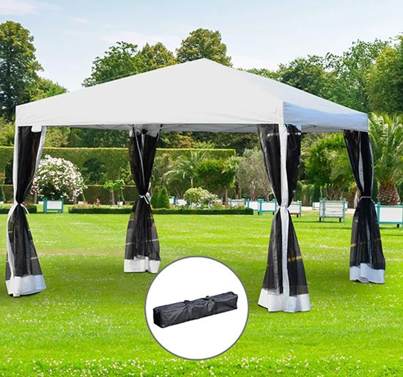 Outsunny Tenda dobrável para jardim 3x3m Redes mosquiteiras Removível com zíper 4 orificios de drenagem tecido oxford 420D Branco