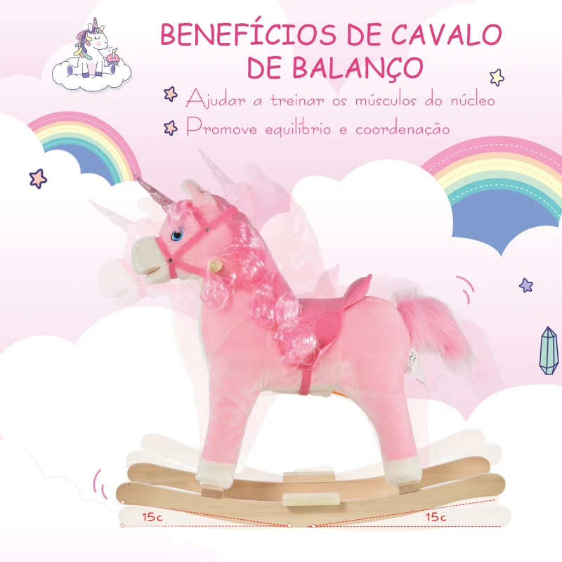 HOMCOM Cavalo Balanço de unicórnio para bebê acima de 36 meses com sons 74x33x62 cm rosa