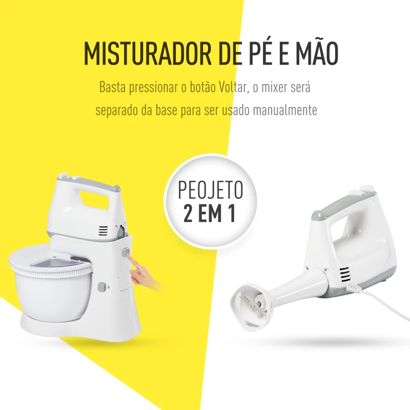 HOMCOM Batedeira de Pastelaria Profissional Multifuncional Robô de Cozinha 3.4 litros com 6 velocidades Inclui 3 cabeças 300 W de aço inoxidável branco