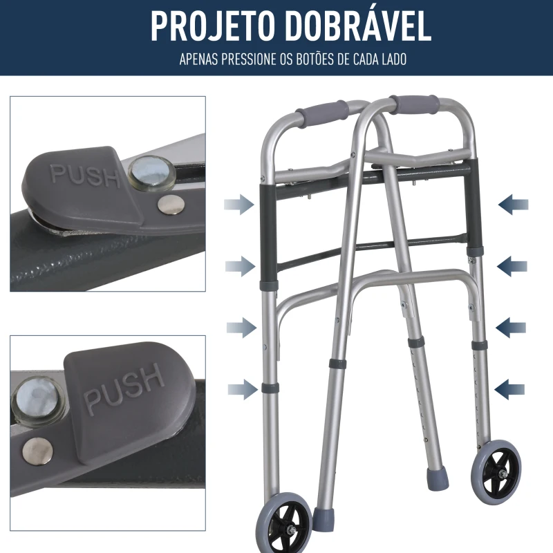 HOMCOM Andador dobrável com rodas de 5 polegadas para pessoas com mo comilidade reduzida altura ajustável e estrutura em liga de alumínio antiderrapante 64 x 50 x 77-95 cm