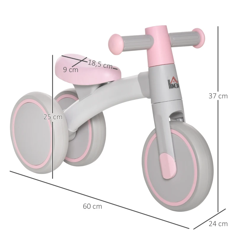 HOMCOM Bicicleta sem Pedais para Crianças de 1-3 Anos Bicicleta de Equilíbrio com 3 Rodas Silenciosas Carro Andador de Bebé 60x24x37cm Rosa