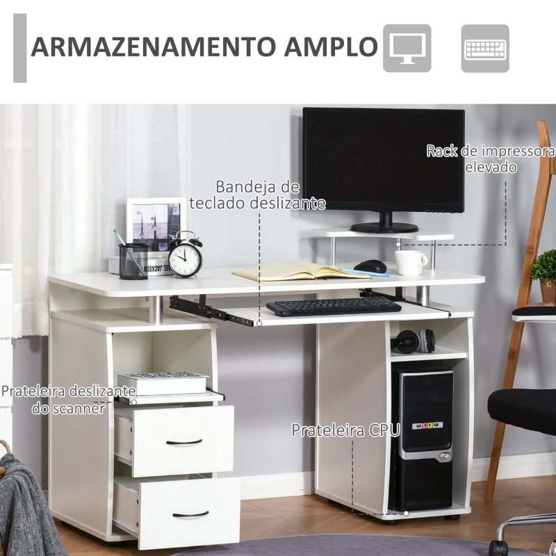 HOMCOM Secretária para computador Mesa para PC com prateleiras múltiplas Bandeja de teclado Suporte para CPU e 2 gavetas 120x55x85 cm branco