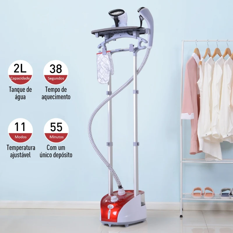 HOMCOM Ferro de Engomar a Vapor para Roupa 1800W Temperatura Ajustável em 11 Níveis Depósito de 2 L Aquecimento em 38s 35x25x47-118,5 cm Vermelho