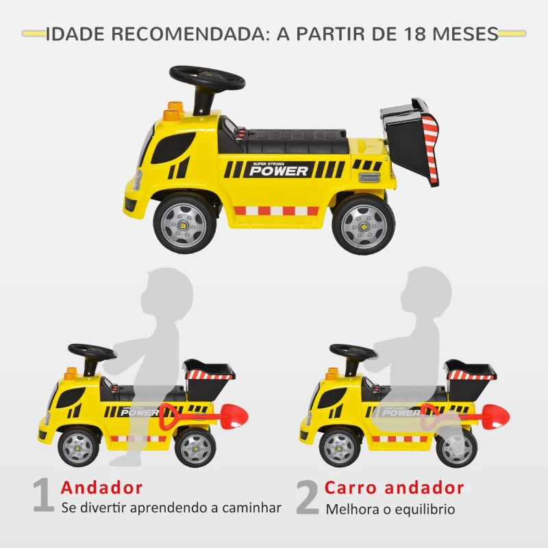 HOMCOM Carro Andador para Bebés acima de 18 meses Tipo Caminhão com Música Faróis Caixa Dobrável e Pá Veículo sem Pedais de Brinquedo 72x28,2x42cm Amarelo