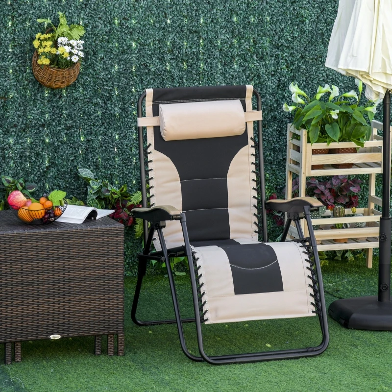 Outsunny Espreguiçadeira dobrável e reclinável de aço com apoio de cabeça removível Suporte para copos e apoio de braços para jardim externo 90x75x110 cm Bege
