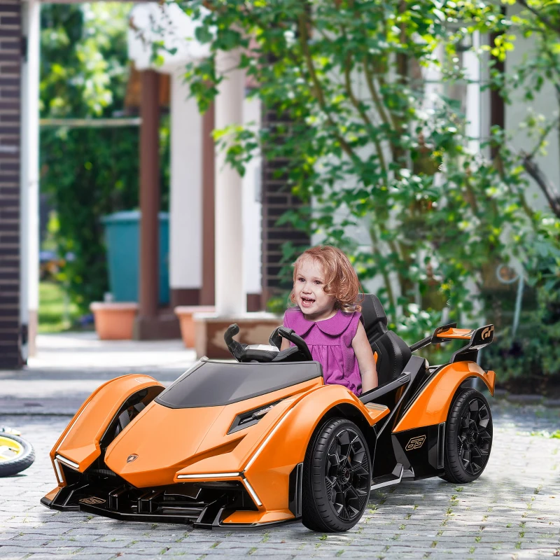 HOMCOM Carro Elétrico Lamborghini V12 12V para Crianças de 3-6 Anos com Controle Remoto Faróis com Luz LED Música MP3 USB e Abertura da Porta 117x66x50cm Laranja