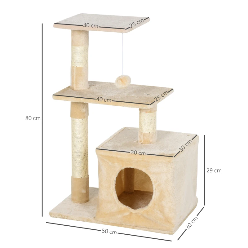 PawHut Arranhador para Gatos 50x30x81,5 cm Centro de Atividades para Gatos com Poste de Sisal Plataformas e Caverna Bege