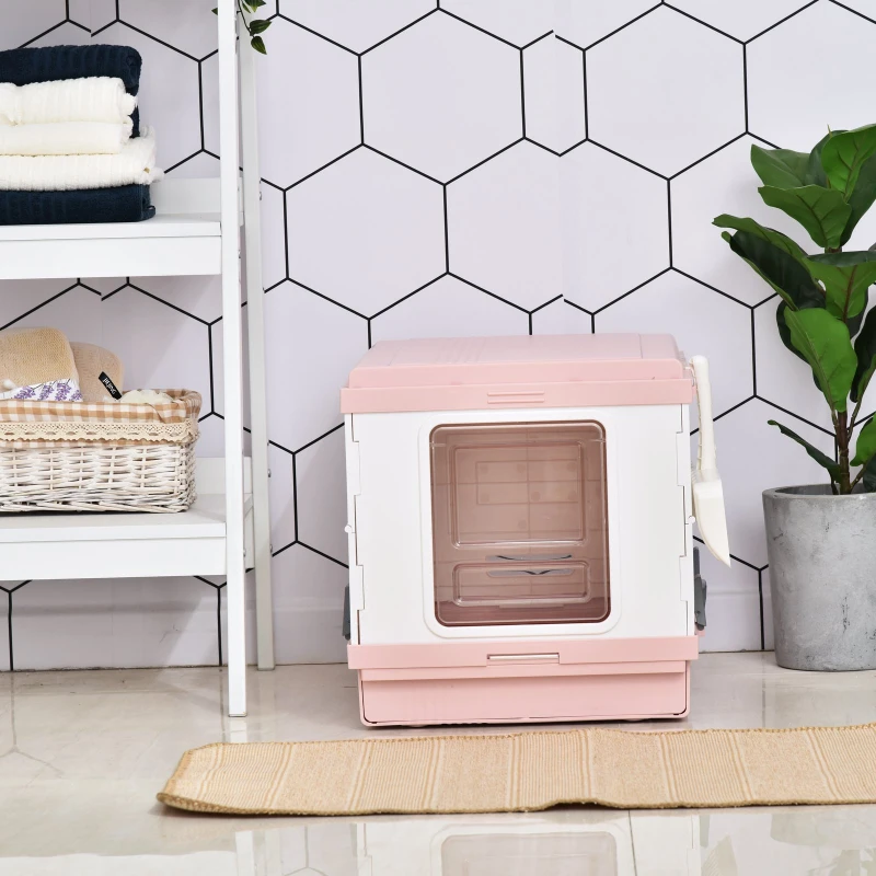 PawHut Caixa de Areia para Gatos Dobrável com Pá Coletora Branco e Rosa 54x43x42cm