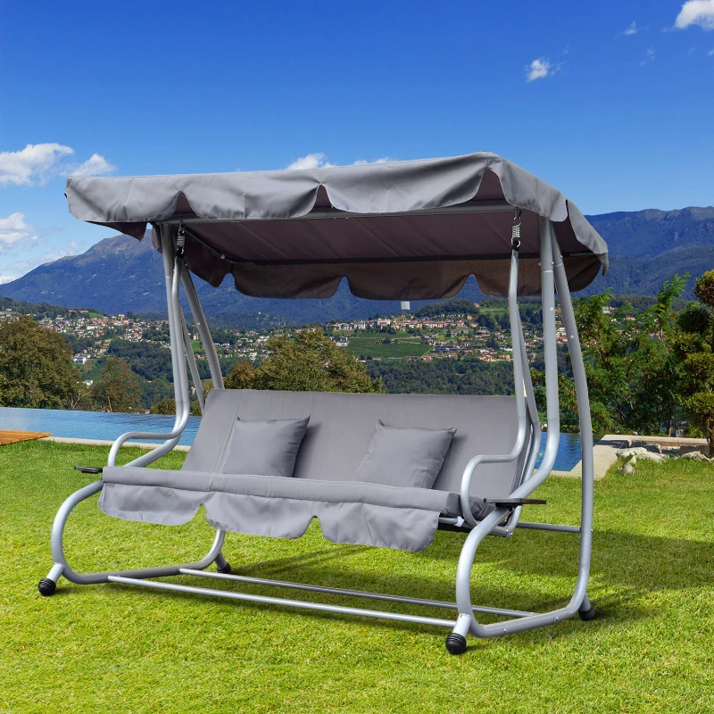 Outsunny Banco Baloiço Jardim 3 Lugares Convertível em Cama com Teto Ajustável e Bandeja para Bebidas 200x120x164 cm Cinza