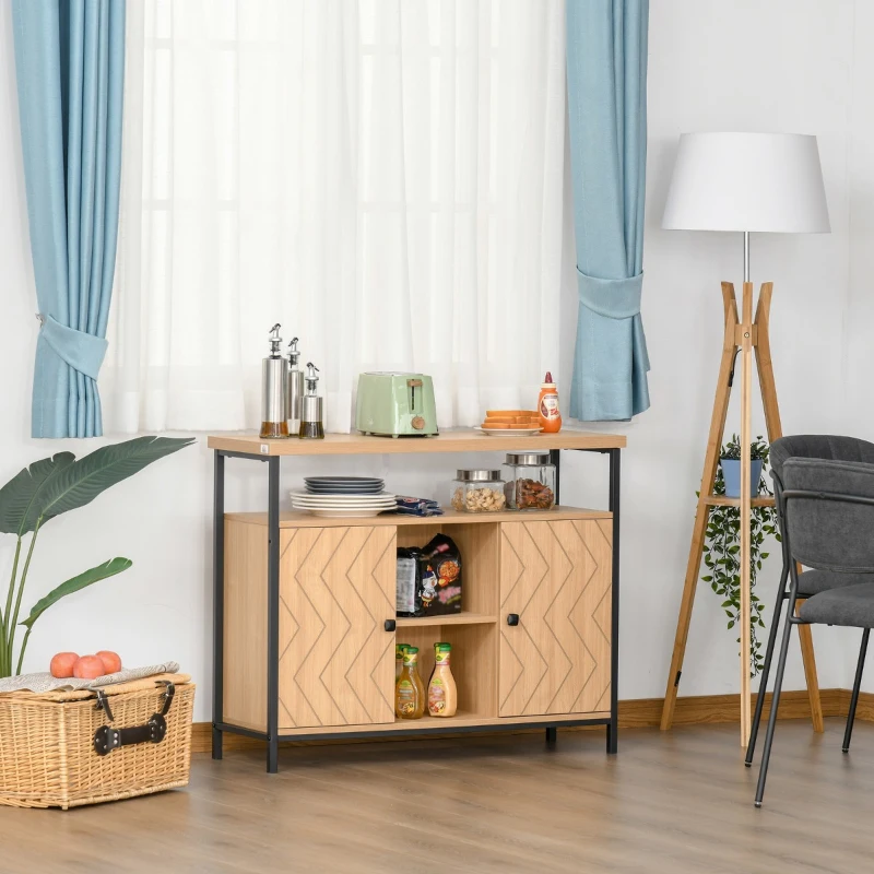 HOMCOM Aparador para Sala de Jantar e Cozinha com Estantes Abertas 2 Portas e Prateleiras Ajustáveis Estilo Moderno e Grande Armazenamento 100x35x80cm Carvalho