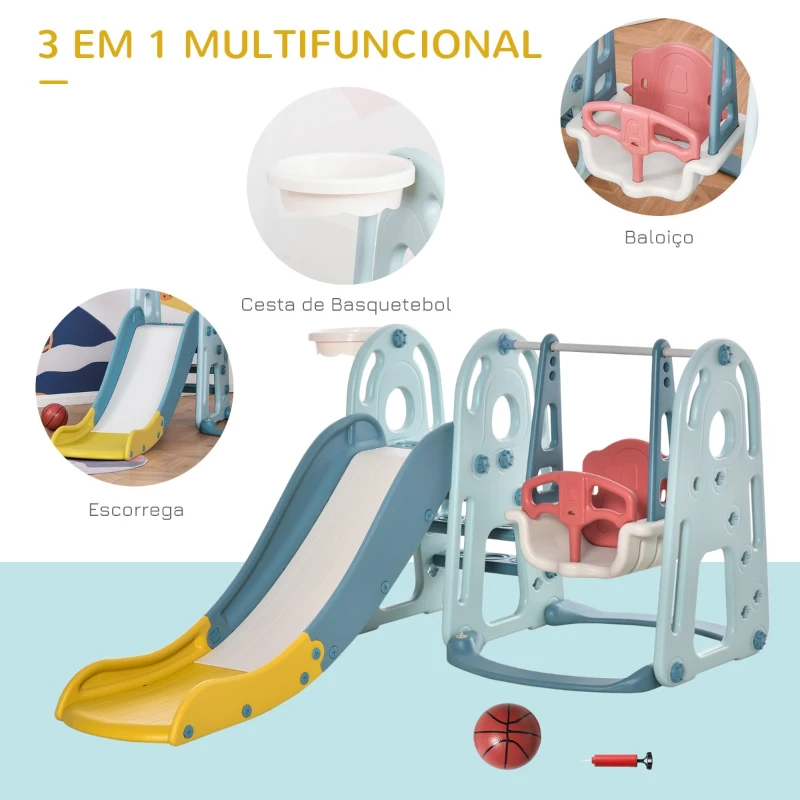 HOMCOM Escorrega Infantil com Baloiço e Cesta de Basquetebol 3 em 1 para Crianças acima de 18 meses com Assento Ajustável Centro de Atividades para Interior e Exterior 145x190x97cm Multicor