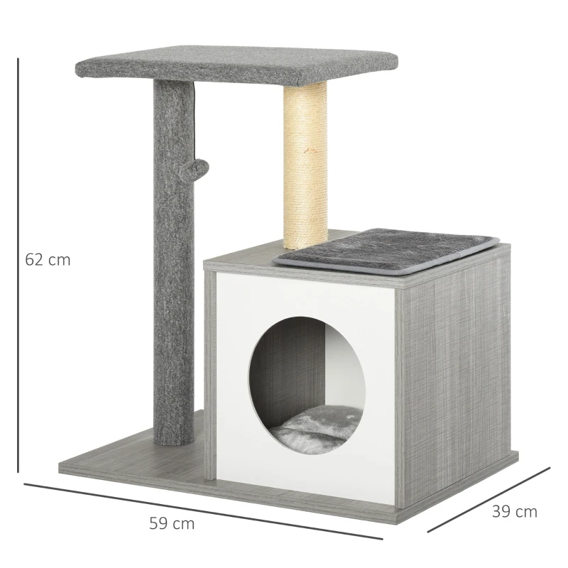 PawHut Arranhador para Gatos 59x39x62 cm de 3 Níveis com Poste de Arranhar Caverna Almofadas Amovíveis e Bolsa de Brinquedo Cinza