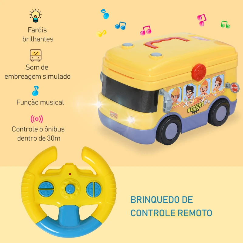 HOMCOM Conjunto de ferramentas para crianças acima de 3 anos Ônibus elétrico de 24 peças com ferramentas realistas controle remoto 40,2  x 22,8  x 28,8 cm amarelo