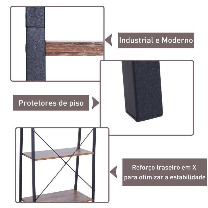 HOMCOM Estante de escada com 4 prateleiras para sala de estar  60x35x145cm preto e madeira