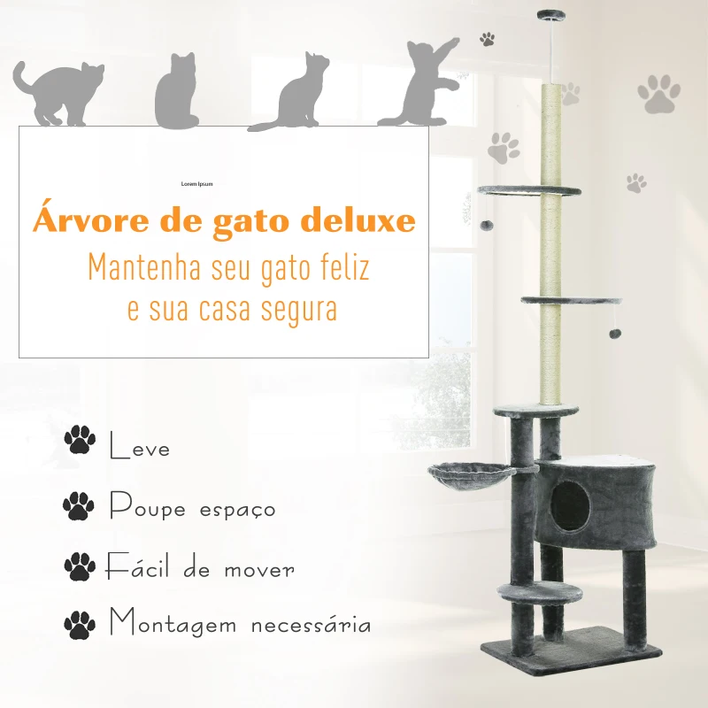 PawHut Árvore para arranhar para gatos 220-245 cm Altura Ajustável ao Teto com Plataformas Cinza Escuro