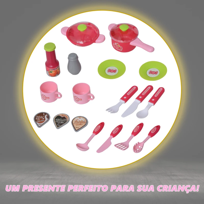 HOMCOM Conjunto de jogo de cozinha para crianças acima de 3 anos Brinquedo de jogos de papéis 38peças com função de luz e som  51 x 30 x 73 cm  rosa