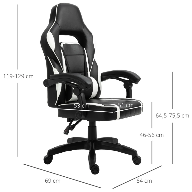 Vinsetto Cadeira gaming para escritório giratório reclinável até 135 ° com encosto alto Apoio de braço ajustável Assento acolchoado 64x69x119-129 cm Branco e Preto