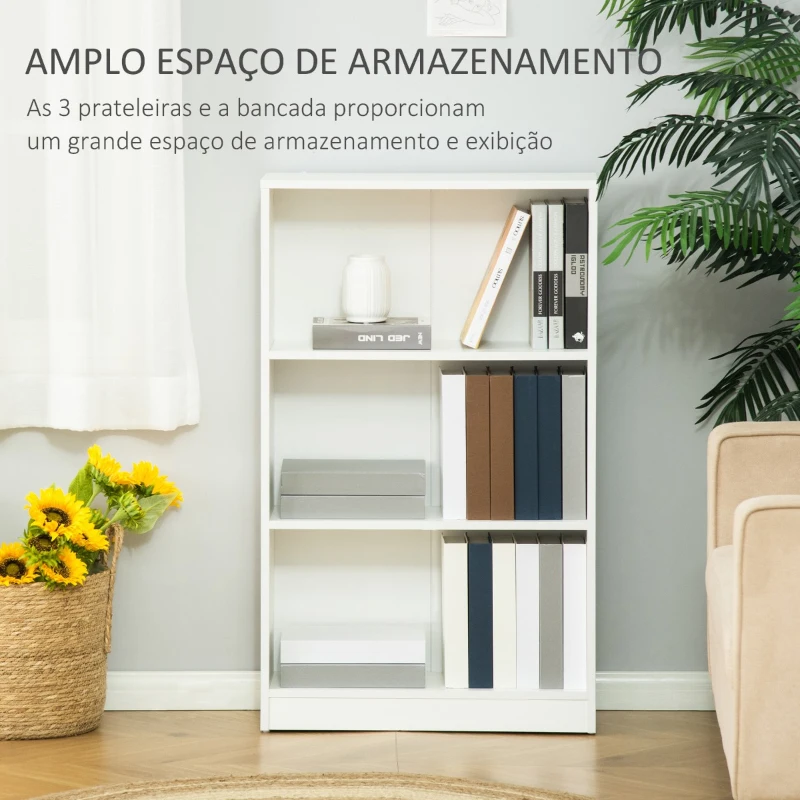 HOMCOM Estante para Livros com 3 Compartimentos de Armazenamento Livros Plantas para Sala de Estar Estúdio Dormitório 62,2x24x102,4cm Branco