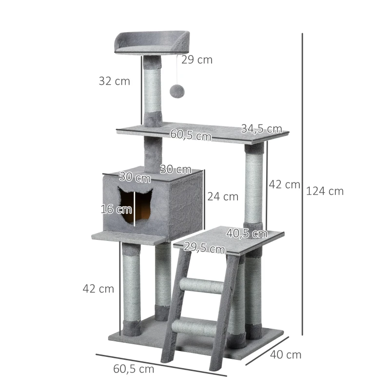 PawHut Árvore Arranhadora para Gatos Torre de Escalada com Plataformas Escada Caverna Postes de Juta e Bola Suspensa 60,5x40x124cm Cinza