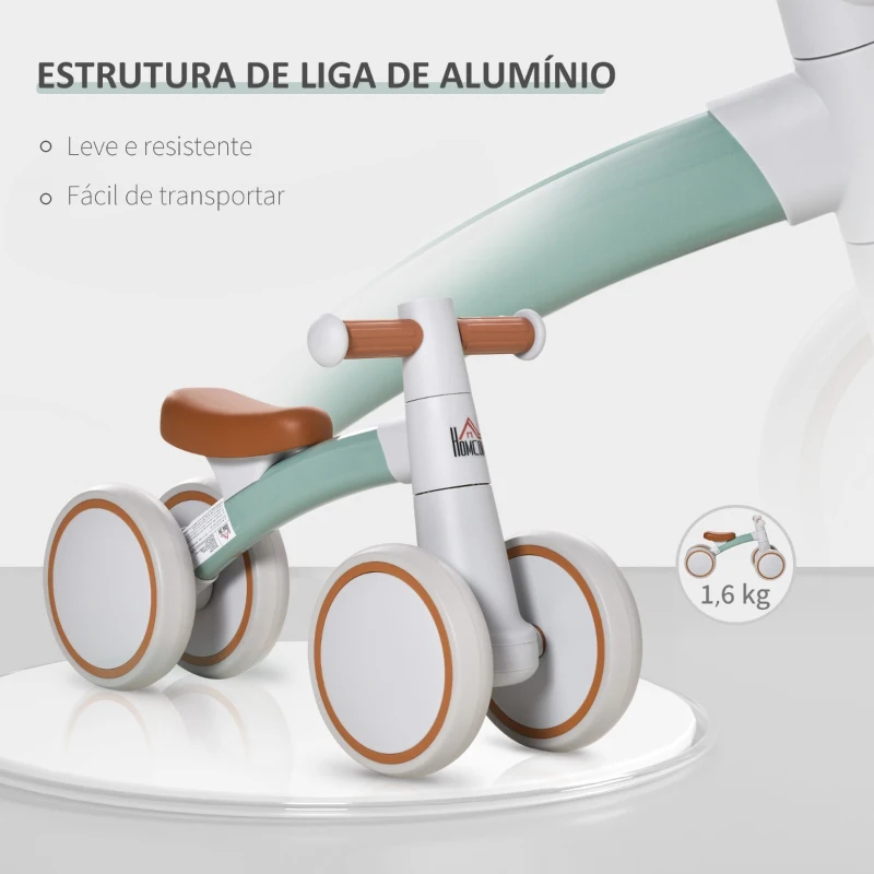 HOMCOM Bicicleta sem Pedais para Crianças de 1-3 Anos Bicicleta de Equilíbrio com 4 Rodas Leves Carro Andador Infantil 60x24x37cm Marrom